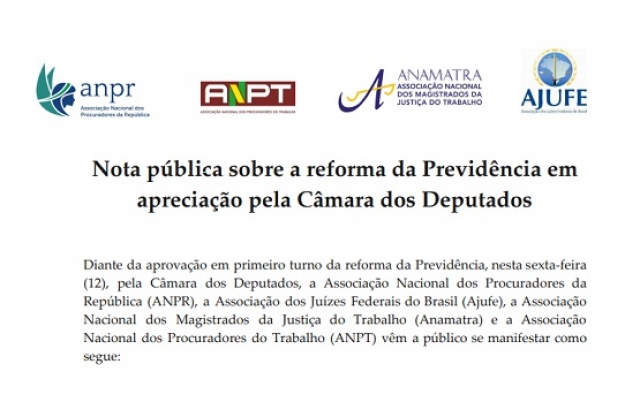 Nota pública sobre a reforma da Previdência em apreciação pela Câmara dos Deputados